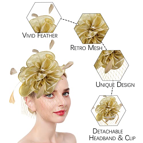 Fascinators Hats with Gloves Set for Women 20s 50s Cocktail Tea Party Wedding Costume Headwear - color: A-yellow