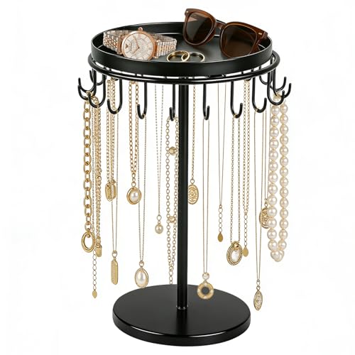 Necklace Holder Metal Jewelry Organizer Stand, Necklace Organizer Hanger with Tray & Hooks for Desk, Jewelry Holder for Necklaces Bracelets and Keychains, Elegant Home Hanging Decor - Black - color: Balck