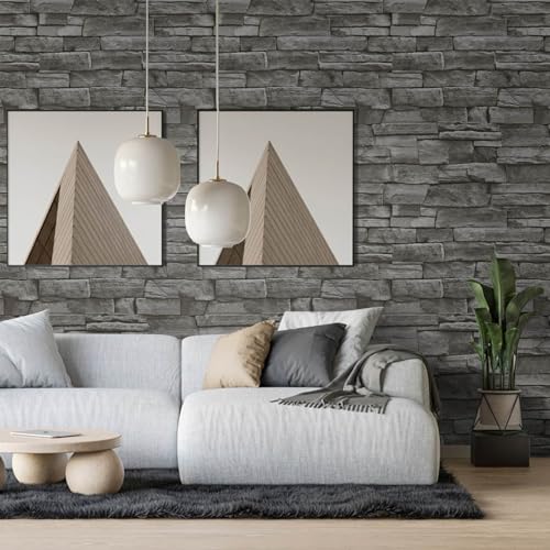 Abyssaly Dark Grey Stone Brick Wallpaper Peel and Stick Backsplash Self-Adhesive Removable Contact Paper Stick on Wall Panels Faux 3D Stone Look Brick Shelf Paper Home Decorations 17.71" X 393.7" - color: Drak Grey, size: 17.7" x 393.7"