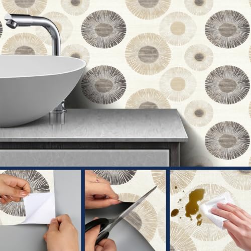 HOMETITUTE Wallpaper Peel and Stick Neutral Beige Geometric Circle Burst Contact Paper Wall Paper Stick 17.7" x 118.1" Self Adhesive Removable Vinyl Wall Covering Bedroom Kitchen Bathroom Home Decor - color: Beige Geometric Circle