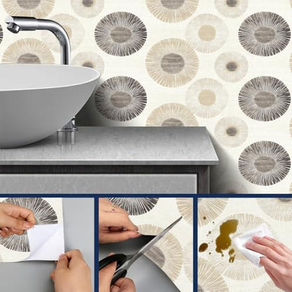 HOMETITUTE Wallpaper Peel and Stick Neutral Beige Geometric Circle Burst Contact Paper Wall Paper Stick 17.7" x 118.1" Self Adhesive Removable Vinyl Wall Covering Bedroom Kitchen Bathroom Home Decor - color: Beige Geometric Circle