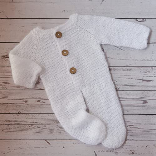 Newborn Photography Props Boys Girls Outfits Mohair Bear Hat Bonnet & Footed Romper Bodysuit Photoshoot Costume Set - color: White