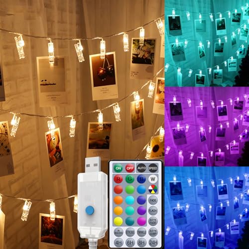 Solhice 20ft Photo Clips String Lights Color Changing 40 LEDs, Hanging Lights for Teen Girls Room Decor, Teenage Christmas Gifts, Indoor Bedroom USB Wall Lights for Pictures with Remote - size: 20ft