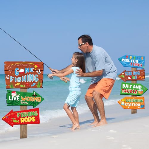 Hooqict 20 Pieces Gone Fishing Sign Fishing Birthday Party Decorations Welcome Direction Signs for Kids Summer Birthday Party Supplies Retirement Decorations Baby Shower Fish Cutouts - style: Gone Fishing