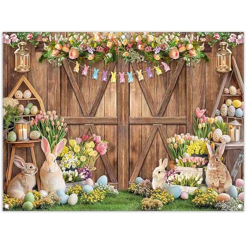 Fabric 8x6ft Spring Easter Photography Backdrop Rustic Barn Wooden Door Floral Rabbits Colorful Eggs Bunny Background Kids Adults Party Decoration Photo Banner Props