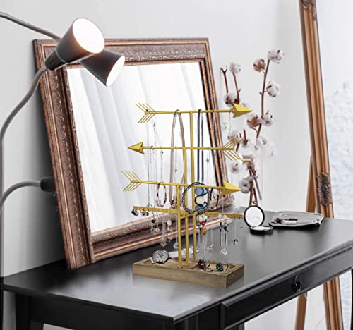 Urban Deco Arrow Jewelry Organizer Stand 4-Tier Gold Jewelry Stand Necklace Organizer With Wooden Ring Holder For Jewelry Display Bracelet Holder Stand Earring Organizer For Girls - Gold - color: Gold