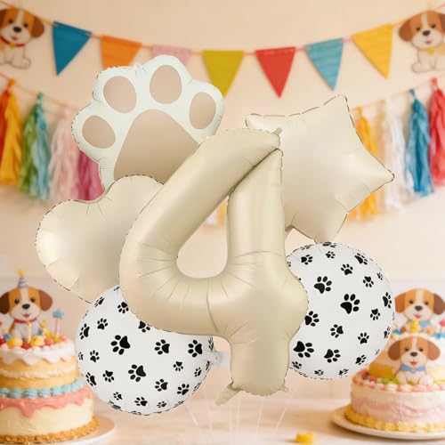 4th Birthday Dog Paw Balloons Set,18'' Paw Prints, Heart,Star,Paw Shaped Foil Balloon 40 Inch Cream Number 4 Helium balloons for Puppy Themed Third Anniversary Birthday Party Decorations Supplies 6PCS - color: Cream-4