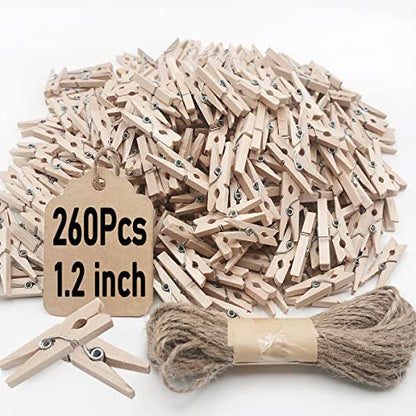 Mini Clothes Pins, 260 PCS Small Wooden Clothes Pin with Jute Twine, Clothespins, Clothes Pins for Photos Crafts DIY Project - color: Wooden, size: 1.2inch/260Pcs