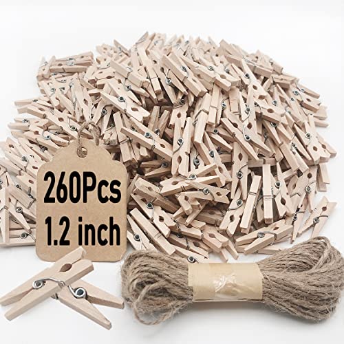 Mini Clothes Pins, 260 PCS Small Wooden Clothes Pin with Jute Twine, Clothespins, Clothes Pins for Photos Crafts DIY Project - color: Wooden, size: 1.2inch/260Pcs