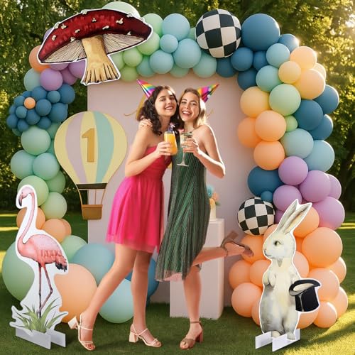 Soulchen 3 Pcs 24 Inch Wonderland Tea Party Decorations Yard Decor Bunny Flamingo Mushroom Yard Signs with Stakes Large Photo Booth Props Backdrop for Party Large Lawn Garden Indoor Outdoor - style: Wonderland