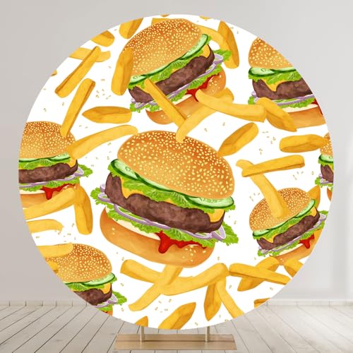 Hamburger French Fries Round Backdrop Cover 7.2x7.2ft Fast Food Photograhy Background Birthday Party Supplies Burger Shop Decoration Banner Photo Booth Props - size: 7.2x7.2