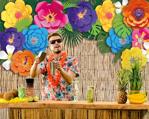VitalCozy 7x5ft Fabric Hawaiian Beach Photography Backdrop Aloha Luau Party Decorations Tropical Hibiscus Flower Palm Leaves Reed Luau Banner Background Props Birthday Party Supplies