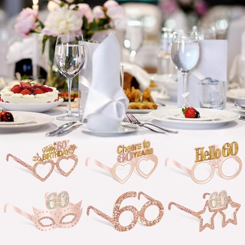 Guiruiy 24PCS 60th Birthday Paper Eyeglasses Decorations for Women, Pink Rose Gold Happy 60th Birthday Eyeglasses Party Supplies, Funny Sixty Year Old Birthday Glasses Photo Props Decor - style: Rose Gold 60th