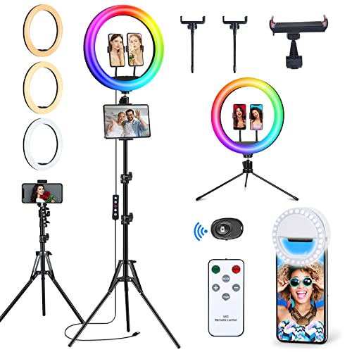 𝗡𝗲𝘄𝗲𝘀𝘁 13" Selfie Ring Light with 63" Stand and 3 Phone Holder, 53 Lighting Modes, iPad Holder, Remote, Desk Tripod, RGB Ringlight for iPhone. Vlogging Circle Led Halo Light Photo Video Kit - size: 13 inch - 53 Lighting Modes