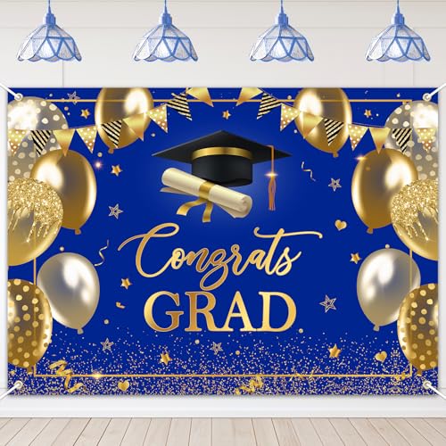 Avezano 7 x 5 ft Graduation Banner Congrats Grad Class of 2026 Backdrop Blue Gold Congratulation Graduates Backdrop for 2026 Grad Party Decorations High School College Prom Background - color: Blue Gold, size: 7x5 ft