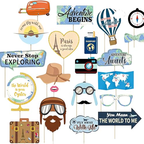 23 Pcs Adventure Photo Booth Props Kit Exploring Photo Props Party Supplies Favors Decorations Selfie Prop Photography Photobooth Funny Cute Holiday Selfie Supplies Easy to Assemble