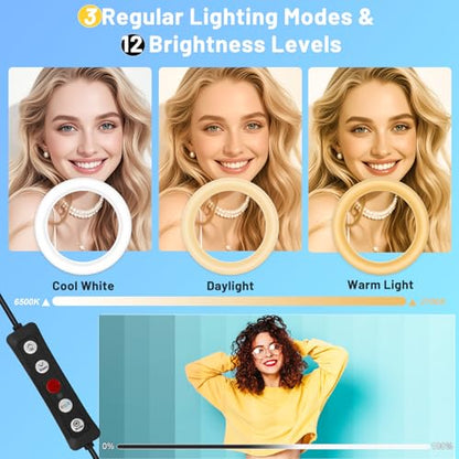 12'' Ring Light with Stand 75'' Tall & Phone Holder, 100+ Color Modes Selfie Light with Tripod Stand, Big LED Circle Lights for iPhone/Android/Camera/YouTube/Makeup/Live Stream/TikTok/Video - size: 12 inch - 29 RGB Lighting Modes