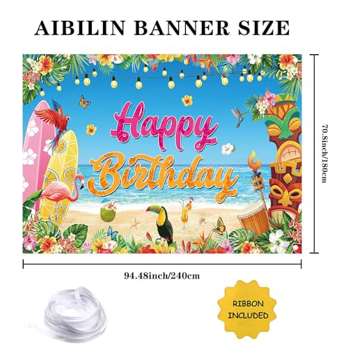 AIBIIN Hawaiian Birthday Backdrop Summer Aloha Happy Birthday Decorations Tropical Beach Party Banner Tiki Surfboard Pool Party Photo Booth Props 8x6ft - color: Happy Birthday, size: 8x6ft