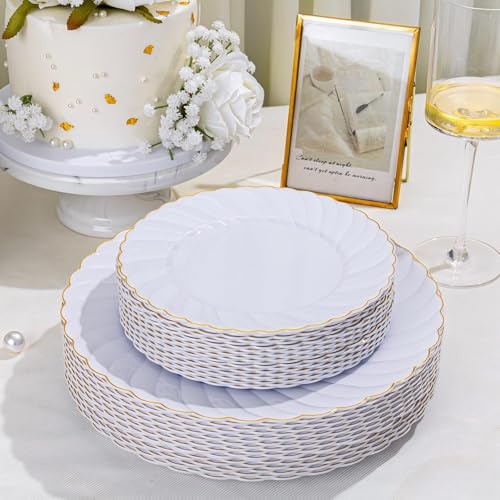 U-QE 60 Pcs White Plastic Plates with Gold Rim – Fancy Scalloped Plates Disposable - Premium Hard Plastic Plates Include 30 10" Dinner & 30 7" Dessert Plate for Party & Mother's Day - color: Gold