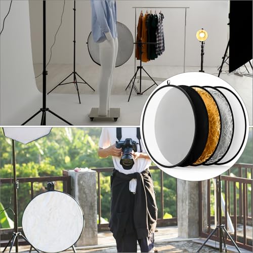 QWORK 22 Inch (60 cm) 5-in-1 Collapsible Light Reflector & Diffuser - Translucent, Silver, Gold, White, Black, Multi Disc Photography Reflector for Studio Outdoor Photography