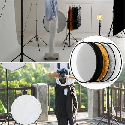 QWORK 22 Inch (60 cm) 5-in-1 Collapsible Light Reflector & Diffuser - Translucent, Silver, Gold, White, Black, Multi Disc Photography Reflector for Studio Outdoor Photography