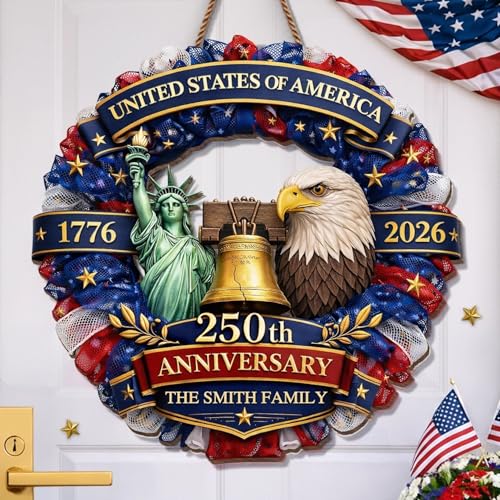 Personalized 250th Anniversary Patriotic Wood Wreath Door Sign 1776-2026, Custom Family Name Round Door Hanger, Independence Decor, Decoration Gifts, Gift For Mom, Dad, Brother, Family /9 - color: Design 09