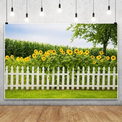 Leyiyi Spring Natural Scenery Backdrop 12x10ft Photography Backdrop Blossoming Yellow Sunflowers Tall Lush Tree White Wooden Textured Fence Family Children Baby Girl Personal Portraits Studio Props - size: 12x10ft