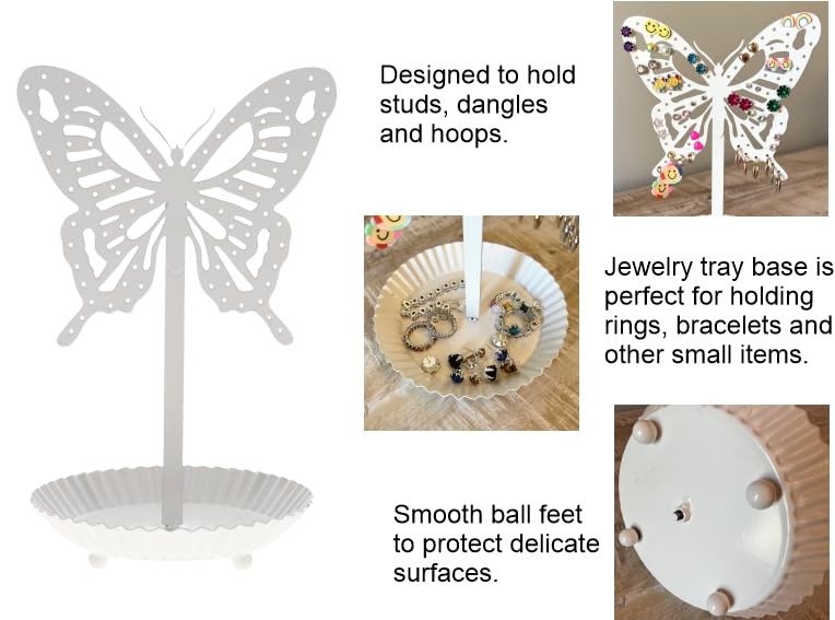 Top Brass Butterfly Earring Holder Organizer Metal Standing Jewelry Tree Display with Ring Tray (White) - color: White
