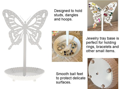 Top Brass Butterfly Earring Holder Organizer Metal Standing Jewelry Tree Display with Ring Tray (White) - color: White