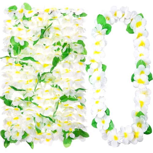 Hoteam 24 Counts Yellow White Hawaiian Leis Necklace Tropical Flower Lei Floral Luau Party Decorations Hawaiian Flower Luau Necklaces Hula Dance Garland Headbands for Beach Birthday Wedding Party - color: Yellow White