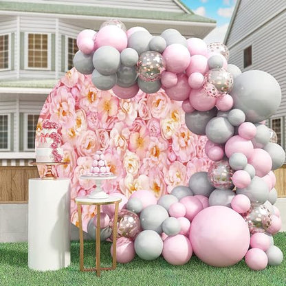 5x5ft Pink Floral Wedding Backdrop Stand - Circle Mr & Mrs Snapsonde Wedding Photography Background Props - color: Pink01, size: 5x5ft-Diameter
