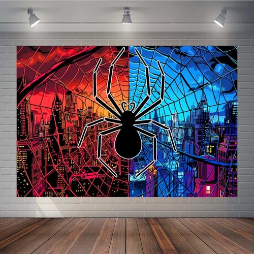 7x5FT Spidey Background Spider Blue Red City Photography Backdrop for Children's Boys Birthday Photography Background Baby Shower Decoration Banner TAYBDJ752 - size: 7x5FT