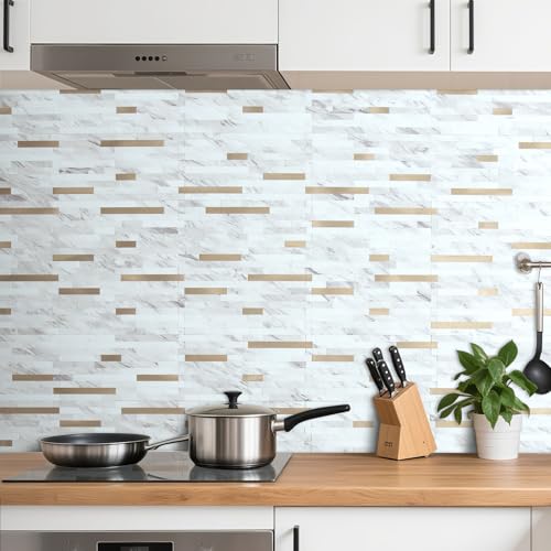 AULIGET 2 Sheets Faux Stone White Marble Peel and Stick Backsplash, PVC Mixed Metal Champagne Gold Wall Tile Stick on Backsplash for Kitchen and Bathroom - color: Marble White + Champagne Gold, size: 2 Sheets, 6"x12"x0.12"