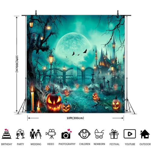 Happy Halloween Party Photo Background - 10x10ft Scary Cemetery Graveyard Skeleton Spooky Ghost Banner Decorations for Kids & Adults - size: 10x10ft