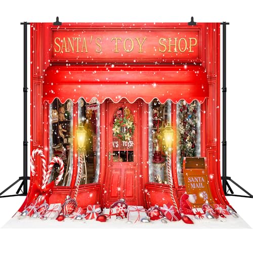 8x8FT Red Christmas Photo Backdrop Santa's Toy Shop Candy Cane in Snow World Xmas Family Holiday Party Banner Photography Background Supplies Decor Studio Prop - size: 8x8Ft