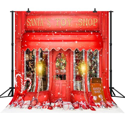 10x10FT Red Christmas Photo Backdrop Santa's Toy Shop Candy Cane in Snow World Xmas Family Holiday Party Banner Photography Background Supplies Decor Studio Prop - size: 10x10Ft