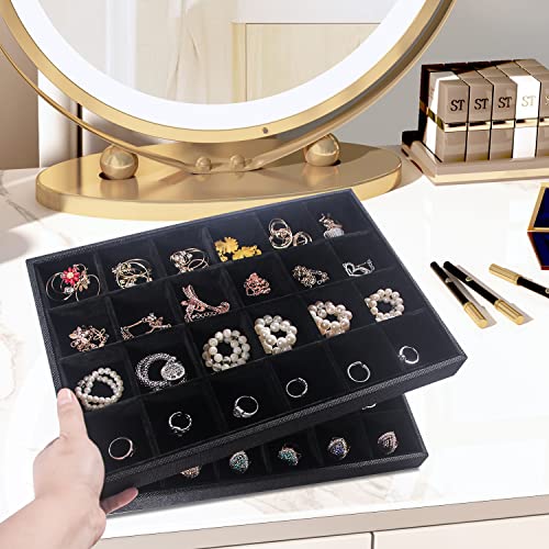 Julysky 2 Pack 24 Grids Jewelry Organizer Trays Ring Earring Display Stand for Selling, Black Velvet Necklace Holder Box Bracelet Case - size: 24 Grid Tray + 24 Grid Tray
