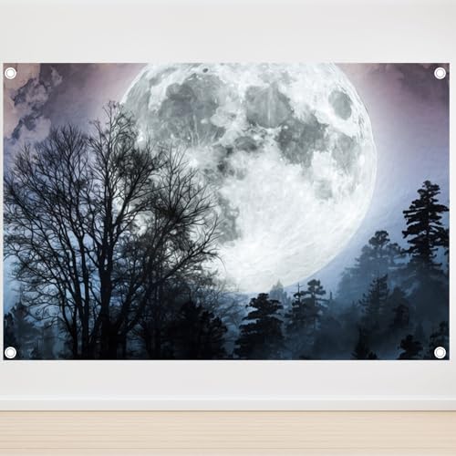 Fabric 8x6ft Moon Night View Backdrop Black Forest Tree Full Moon Background for Photography Newborn Baby Shower Birthday Halloween Party Decoration Banner Portrait Photo Shoot Props - size: 8x6ft(WxH)