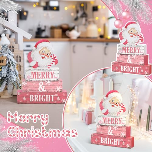 Geelin 4 Pcs Christmas Wooden Tabletop Decor Pink Winter Santa Tiered Tray Decor Christmas Centerpiece Rustic Decorative Block Signs Gift Farmhouse Table Decoration for Home Kitchen - style: Santa