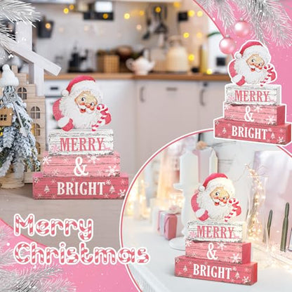 Geelin 4 Pcs Christmas Wooden Tabletop Decor Pink Winter Santa Tiered Tray Decor Christmas Centerpiece Rustic Decorative Block Signs Gift Farmhouse Table Decoration for Home Kitchen - style: Santa