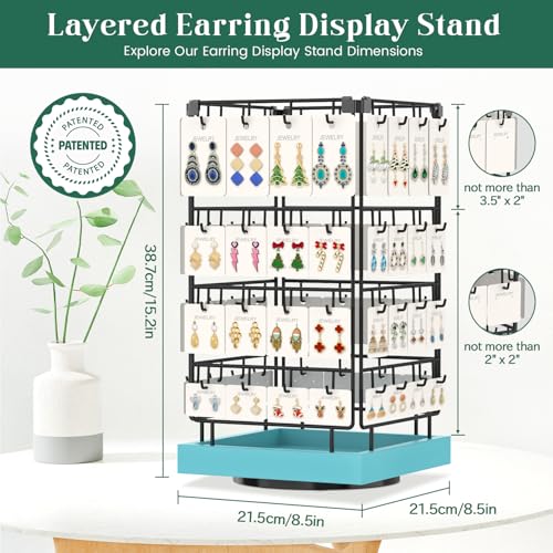 EsLuker.ly Rotating Earring Display Holder Stand for Vendors Events Selling, Large Capacity 64 Hooks Jewelry Rack with Wooden Base for Earring Card Sales, Enhances Retail Visibility (Blue) - color: Blue+Black