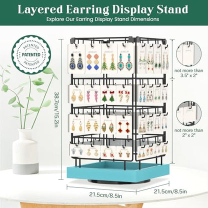 EsLuker.ly Rotating Earring Display Holder Stand for Vendors Events Selling, Large Capacity 64 Hooks Jewelry Rack with Wooden Base for Earring Card Sales, Enhances Retail Visibility (Blue) - color: Blue+Black