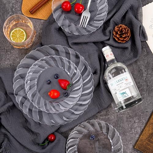 U-QE 100 Pieces Clear Plastic Plates - 7 Inch Plastic Dessert Plates Disposable - Washable & Reusable - Premium Hard Clear Fancy Disposable Heavy Duty Cake Platos for Party, Weddings and Events - color: 7Inch-100pcs-Clear