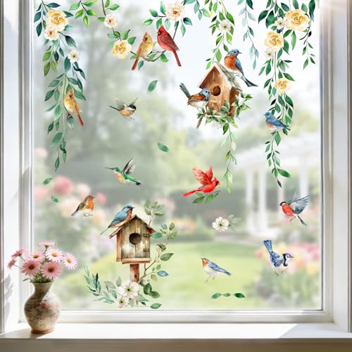 Mfault Spring Summer Birds Floral Vine Window Clings, Cardinal Bluebird Birdhouse Hummingbird Rose Flower Stickers Decals Decorations, Farmhouse Botanical Leaves Home Living Room Kitchen Decor