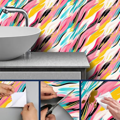 HOMETITUTE Vibrant Brushstroke Modern Abstract Wallpaper Peel and Stick Contact Paper Wall Paper Stick 17.7" x 118.1" Self Adhesive Removable Vinyl Wall Covering Bedroom Kitchen Bathroom Home Decor - color: Vibrant Brushstroke Modern