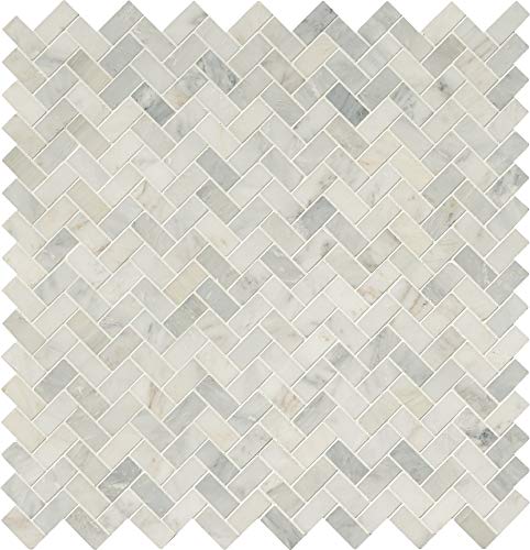 MSI Arabescato Carrara Herringbone Honed Marble Tile for Kitchen Backsplash, Wall Tile for Bathroom, Accent Wall Tile, and Shower Wall Tile, 11.63 in. X 11.63 in. Mesh-Mounted Mosaic Tile - color: Carrara White, size: CASE