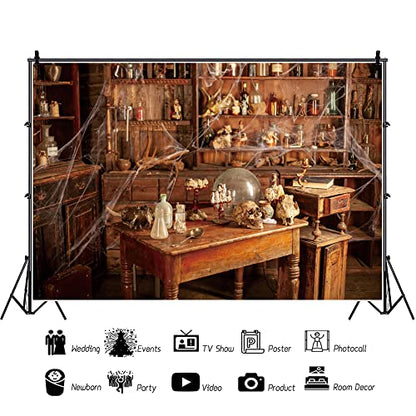 5x4ft Old Abandoned Chemistry Laboratory Photography Backdrop Background Poison Bottles Skeleton Lab Scary Halloween Party Decorations Spooky Witch's Room Black Magic Lab Backdrop Banner - size: 5x4ft