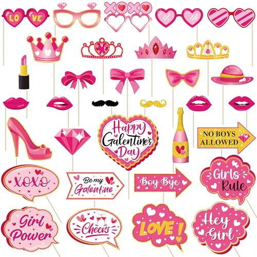 Galentines Day Photo Props - 33 Pcs Hot Pink Sweet Makeup Glasses Photo Booth Prop for Princesses Girl Selfie Photography Decorations Valentine Photobooth Party Supplies for Girlfriends - color: Galentines