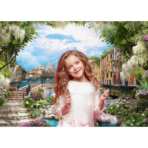 Italy Backdrop Europe Ancient Old City Italy Photography Background Venice Sea Ancient Houses Blossoming Flowers Waterfalls Backdrop Decors for Travel Vacation Birthday Party Portrait Props 5x3ft - color: Green_Blue, size: 5x3ft