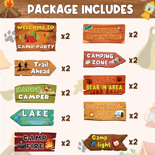 Hooqict 20 Pieces Camping Themed Party Decorations Camping Party Directional Signs for Summer Camp Decor Welcome to Camp Birthday Party Supplies Classroom Wall Door Porch Yard Sign - style: Camping